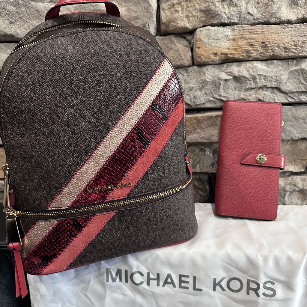 Michael Kors Brown, Pink & Cream Diagonal Stripe Backpack